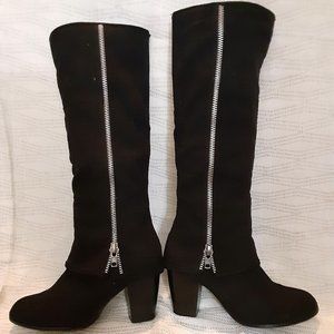 brand unknown.  Tall black micro suede boots.